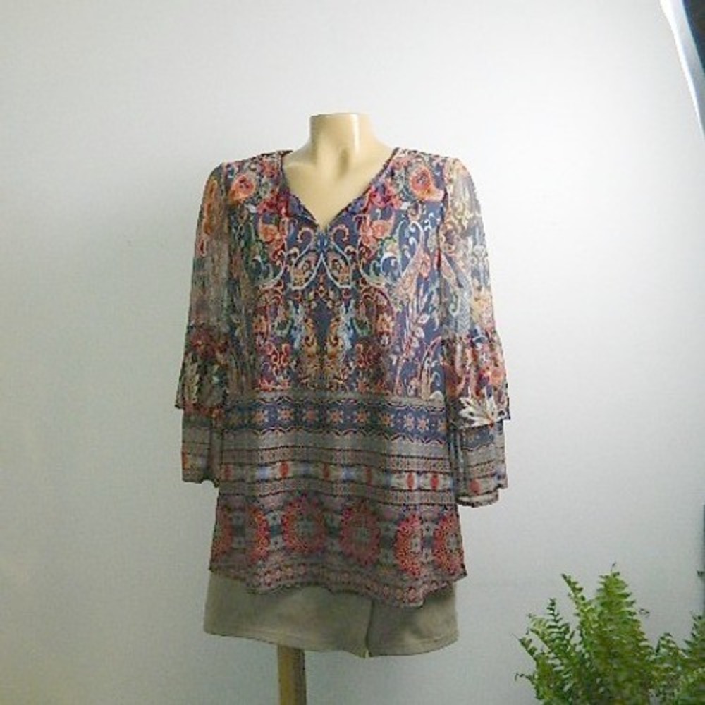 Reba Paisley Mesh Tunic Women Medium‎ Blue Boho Ruffle Bell Sleeve V-Neck Blouse